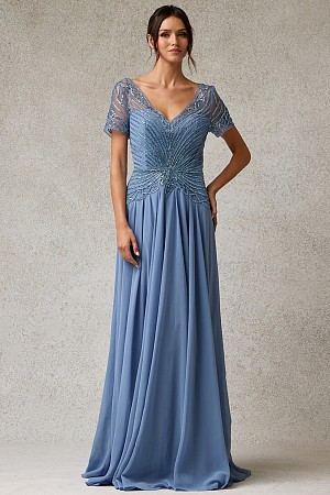 Short Sleeve Deep V Neck A Lin ...